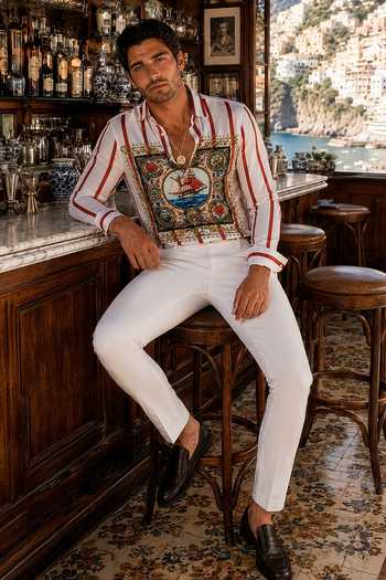 Mr. Ajay Kumar White Cotton Captain Striper Shirt Online at Aza Fashions Mr. Ajay Kumar_White Cotton Captain Striper Shirt _Online_at_Aza_Fashions