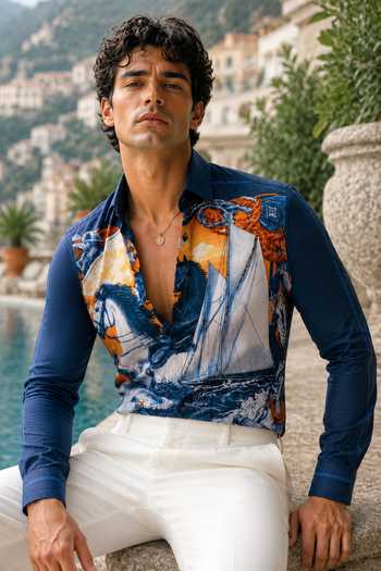 Mr. Ajay Kumar Blue Racing Horses Printed Shirt