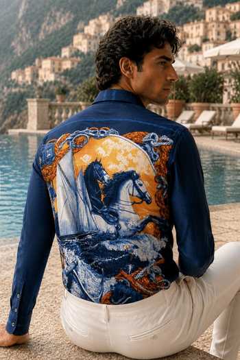 Mr. Ajay Kumar Blue Racing Horses Printed Shirt