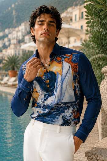Mr. Ajay Kumar Blue Cotton Racing Horses Printed Shirt Online at Aza Fashions Mr. Ajay Kumar_Blue Cotton Racing Horses Printed Shirt _Online_at_Aza_Fashions