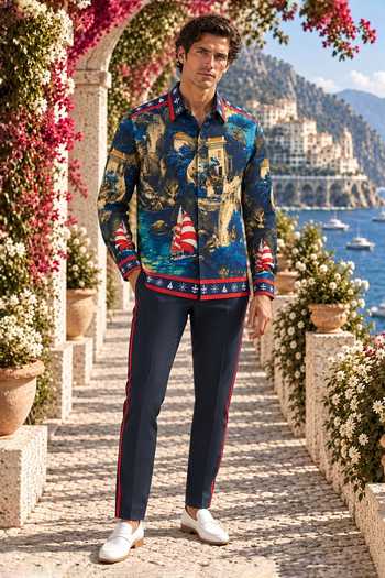 Mr. Ajay Kumar Blue Cotton Braxton Nautical Printed Shirt Online at Aza Fashions Mr. Ajay Kumar_Blue Cotton Braxton Nautical Printed Shirt _Online_at_Aza_Fashions