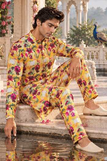 Mr. Ajay Kumar Yellow Linen Arhaan Floral Print Kurta And Pant Co-ord Set Online at Aza Fashions Mr. Ajay Kumar_Yellow Linen Arhaan Floral Print Kurta And Pant Co-ord Set _Online_at_Aza_Fashions