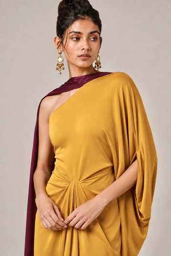 NA-KA Yellow Satin One Shoulder Gown With Sash Online at Aza Fashions NA-KA_Yellow Satin One Shoulder Gown With Sash _Online_at_Aza_Fashions