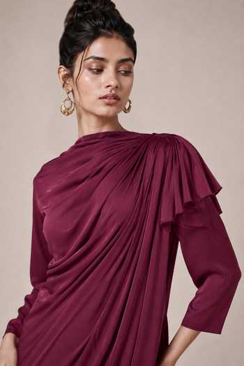 NA-KA_Wine Satin Boat , Cowl Frill Gown _Online_at_Aza_Fashions