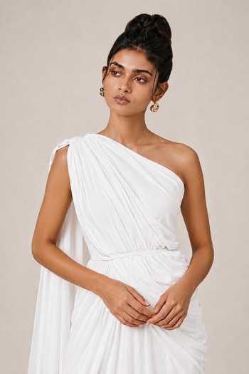 NA-KA_White Satin One Shoulder Gathered Gown With Belt _Online_at_Aza_Fashions