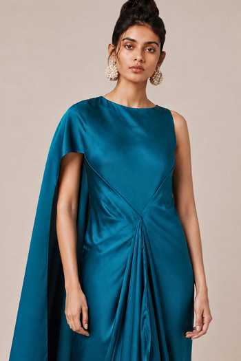 NA-KA Teal Satin Boat Neck Gown Online at Aza Fashions NA-KA_Teal Satin Boat Neck Gown _Online_at_Aza_Fashions