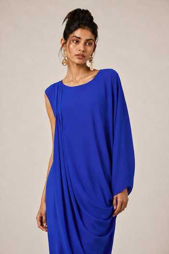 NA-KA_Blue Georgette Cowl Neck Asymmetric Sleeve Dress _Online_at_Aza_Fashions
