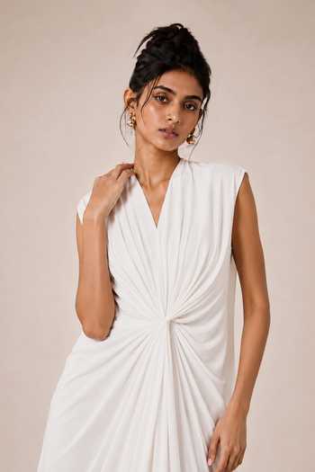 NA-KA White Georgette V-, Cowl Pleated Gown Online at Aza Fashions NA-KA_White Georgette V-, Cowl Pleated Gown _Online_at_Aza_Fashions