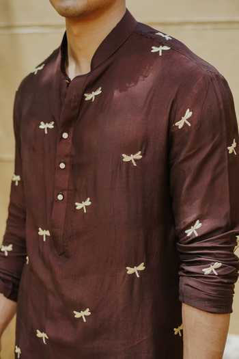 Buy Un-Cuffed Brown Silk, Muslin, Cotton Dragonfly Motif Kurta Set Online at Aza Fashions Buy_Un-Cuffed_Brown Silk, Muslin, Cotton Dragonfly Motif Kurta Set _Online_at_Aza_Fashions