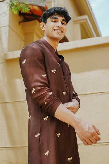 Shop Un-Cuffed Brown Silk, Muslin, Cotton Dragonfly Motif Kurta Set Online at Aza Fashions Shop_Un-Cuffed_Brown Silk, Muslin, Cotton Dragonfly Motif Kurta Set _Online_at_Aza_Fashions