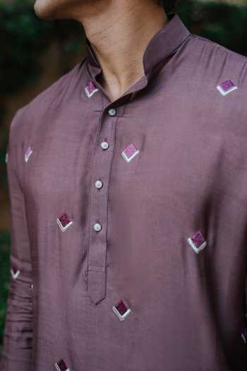 Shop Un-Cuffed Purple Silk, Muslin, Cotton Threadwork Kurta Set Online at Aza Fashions Shop_Un-Cuffed_Purple Silk, Muslin, Cotton Threadwork Kurta Set _Online_at_Aza_Fashions
