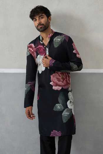 Un-Cuffed Pleated Bundi & Printed Kurta Set 