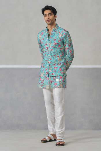 Un-Cuffed Floral Print Bundi & Kurta Set 