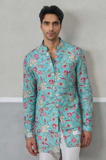 Un-Cuffed Aqua Silk, Cotton, Muslin Floral Print Bundi And Kurta Set Online at Aza Fashions Un-Cuffed_Aqua Silk, Cotton, Muslin Floral Print Bundi And Kurta Set _Online_at_Aza_Fashions
