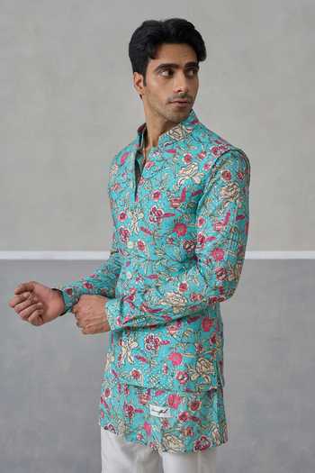 Buy Un-Cuffed Aqua Silk, Cotton, Muslin Floral Print Bundi And Kurta Set Online at Aza Fashions Buy_Un-Cuffed_Aqua Silk, Cotton, Muslin Floral Print Bundi And Kurta Set _Online_at_Aza_Fashions