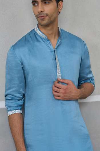 Un-Cuffed Sky Blue Silk, Linen, Cotton Textured Panelled Kurta Set Online at Aza Fashions Un-Cuffed_Sky Blue Silk, Linen, Cotton Textured Panelled Kurta Set _Online_at_Aza_Fashions