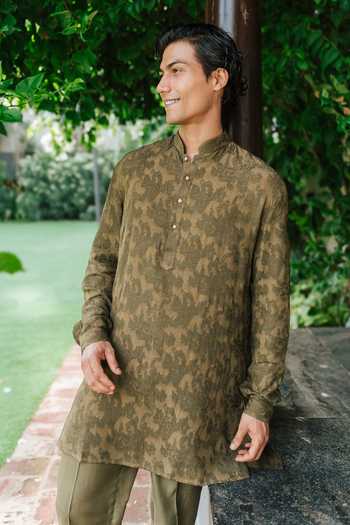 Shop Un-Cuffed Olive Green Cotton, Jacquard, Silk, Muslin Woven Kurta Set Online at Aza Fashions Shop_Un-Cuffed_Olive Green Cotton, Jacquard, Silk, Muslin Woven Kurta Set _Online_at_Aza_Fashions