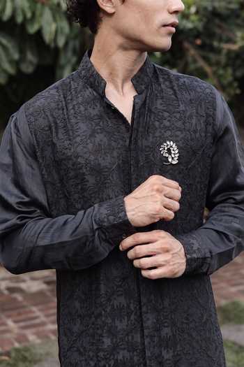 Un-Cuffed Black Silk, Linen, Cotton Textured Woven Kurta Set Online at Aza Fashions Un-Cuffed_Black Silk, Linen, Cotton Textured Woven Kurta Set _Online_at_Aza_Fashions