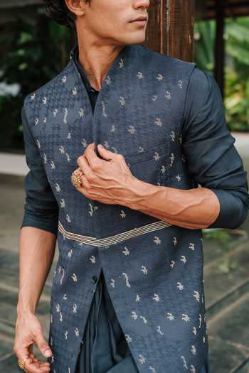 Un-Cuffed Blue Silk, Muslin, Cotton Embroidery Bundi And Kurta Set Online at Aza Fashions Un-Cuffed_Blue Silk, Muslin, Cotton Embroidery Bundi And Kurta Set _Online_at_Aza_Fashions