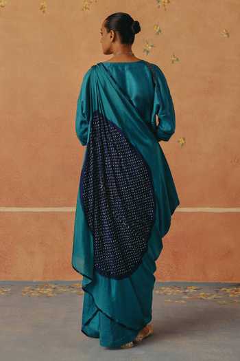 Pink City By Sarika Neel Teal Bandhani Draped Skirt Saree With Kurta 