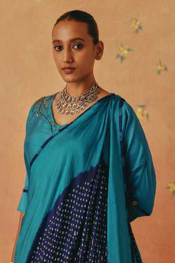 Shop_Pink City By Sarika_Teal Silk V-neck, Yes Neel Bandhani Draped Skirt Saree With Kurta 