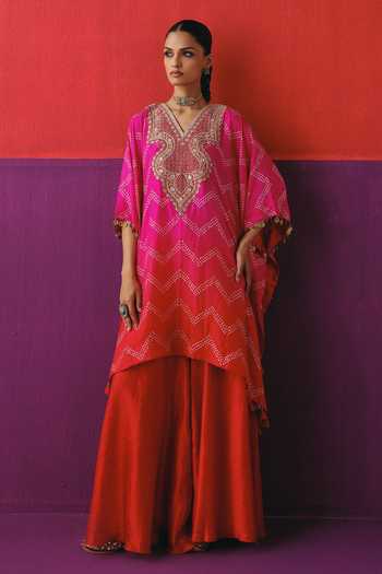 Pink City By Sarika_Pink Silk V-neck Zigzag Bandhani Pattern Kaftan And Sharara Set _Online_at_Aza_Fashions