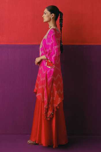 Shop_Pink City By Sarika_Pink Silk V-neck Zigzag Bandhani Pattern Kaftan And Sharara Set _Online_at_Aza_Fashions