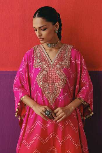 Pink City By Sarika_Pink Silk V-neck Zigzag Bandhani Pattern Kaftan And Sharara Set _at_Aza_Fashions