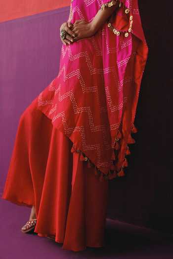 Shop_Pink City By Sarika_Pink Silk V-neck Zigzag Bandhani Pattern Kaftan And Sharara Set 
