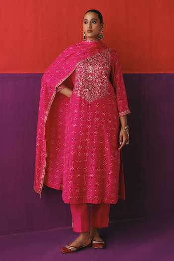 Pink City By Sarika Flower Bandhani Silk Kurta Pant Set 