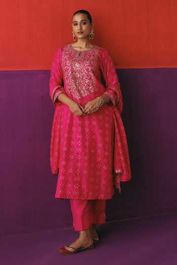 Shop_Pink City By Sarika_Pink Silk High Neck Flower Bandhani Kurta Pant Set 