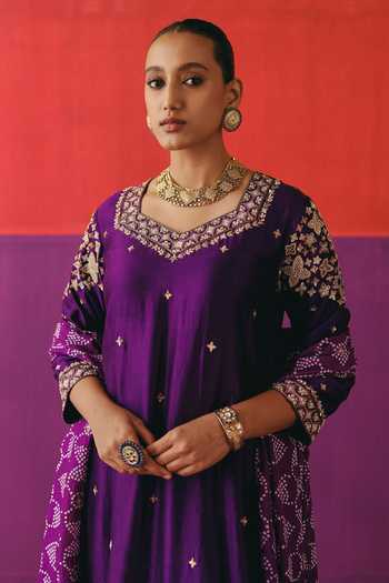 Shop_Pink City By Sarika_Purple Silk, Chanderi Scoop Neck Baingani Phool Embroidered Kurta Set _Online_at_Aza_Fashions