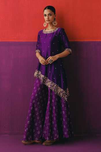 Shop_Pink City By Sarika_Purple Silk, Chanderi Round Neck, Yes Bandhani Pattern Asymmetric Kurta Set _Online_at_Aza_Fashions