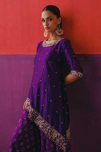 Buy_Pink City By Sarika_Purple Silk, Chanderi Round Neck, Yes Bandhani Pattern Asymmetric Kurta Set 