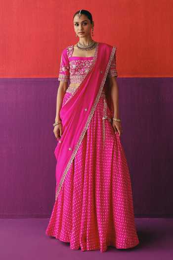 Pink City By Sarika Embroidered Draped Silk Lehenga & Blouse Set 