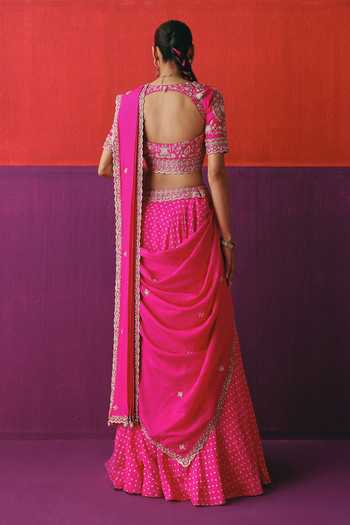 Pink City By Sarika Embroidered Draped Silk Lehenga & Blouse Set 