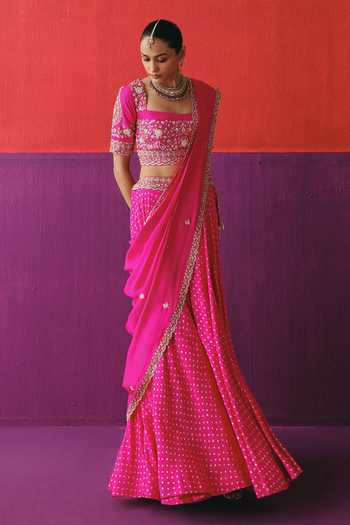 Pink City By Sarika_Pink Silk Square Neck Embroidered Draped Lehenga And Blouse Set _Online_at_Aza_Fashions