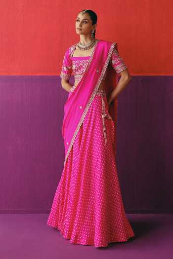 Buy_Pink City By Sarika_Pink Silk Square Neck Embroidered Draped Lehenga And Blouse Set _Online_at_Aza_Fashions