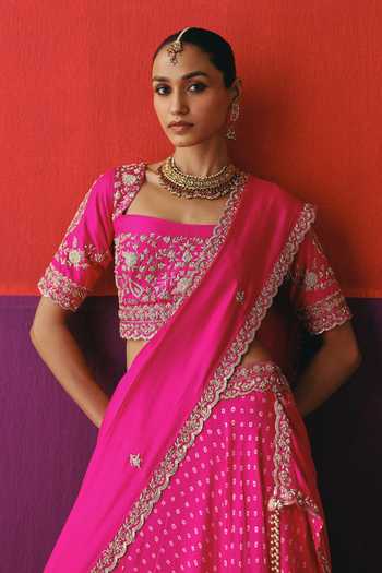 Shop_Pink City By Sarika_Pink Silk Square Neck Embroidered Draped Lehenga And Blouse Set _Online_at_Aza_Fashions