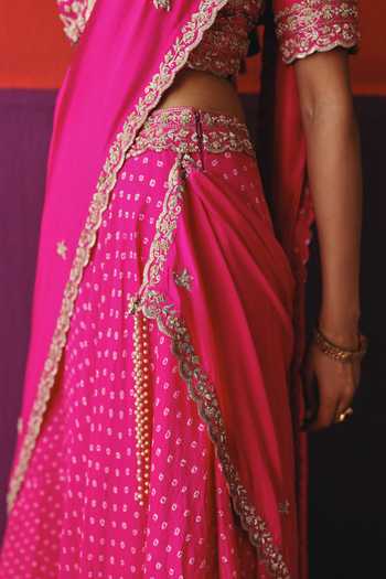 Pink City By Sarika_Pink Silk Square Neck Embroidered Draped Lehenga And Blouse Set _at_Aza_Fashions