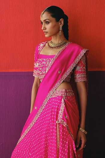 Buy_Pink City By Sarika_Pink Silk Square Neck Embroidered Draped Lehenga And Blouse Set 