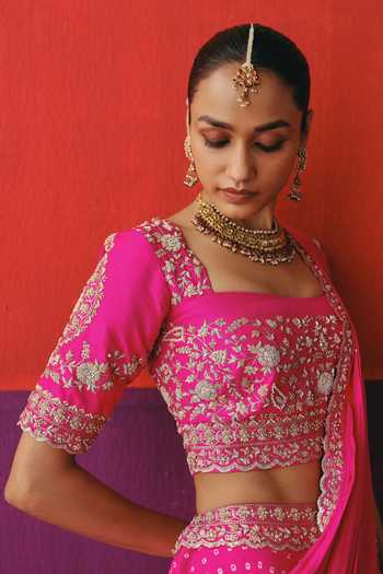 Shop_Pink City By Sarika_Pink Silk Square Neck Embroidered Draped Lehenga And Blouse Set 