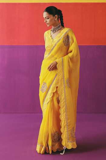 Pink City By Sarika_Yellow Silk, Organza Mandala Surajmukhi Saree With Unstitched Blouse Piece _Online_at_Aza_Fashions