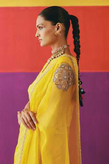 Buy_Pink City By Sarika_Yellow Silk, Organza Mandala Surajmukhi Saree With Unstitched Blouse Piece _Online_at_Aza_Fashions
