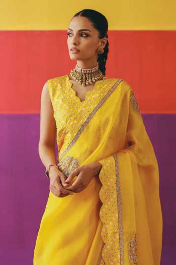 Shop_Pink City By Sarika_Yellow Silk, Organza Mandala Surajmukhi Saree With Unstitched Blouse Piece _Online_at_Aza_Fashions