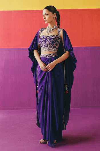 Pink City By Sarika_Purple Silk Sweetheart , Open Rangsaaz Embroidered Cape Skirt Set _Online_at_Aza_Fashions