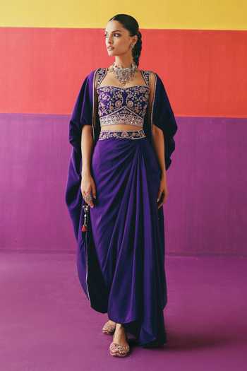 Buy_Pink City By Sarika_Purple Silk Sweetheart , Open Rangsaaz Embroidered Cape Skirt Set _Online_at_Aza_Fashions