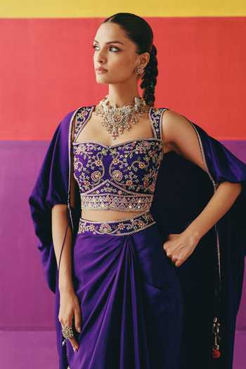 Pink City By Sarika_Purple Silk Sweetheart , Open Rangsaaz Embroidered Cape Skirt Set _at_Aza_Fashions