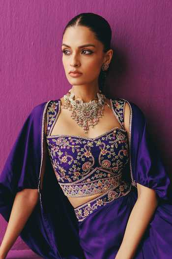 Buy_Pink City By Sarika_Purple Silk Sweetheart , Open Rangsaaz Embroidered Cape Skirt Set 