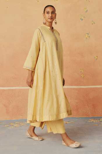 Shop_Pink City By Sarika_Yellow Silk, Chanderi Split V-neck Kanak Gota Patti Work Kurta With Pant _Online_at_Aza_Fashions